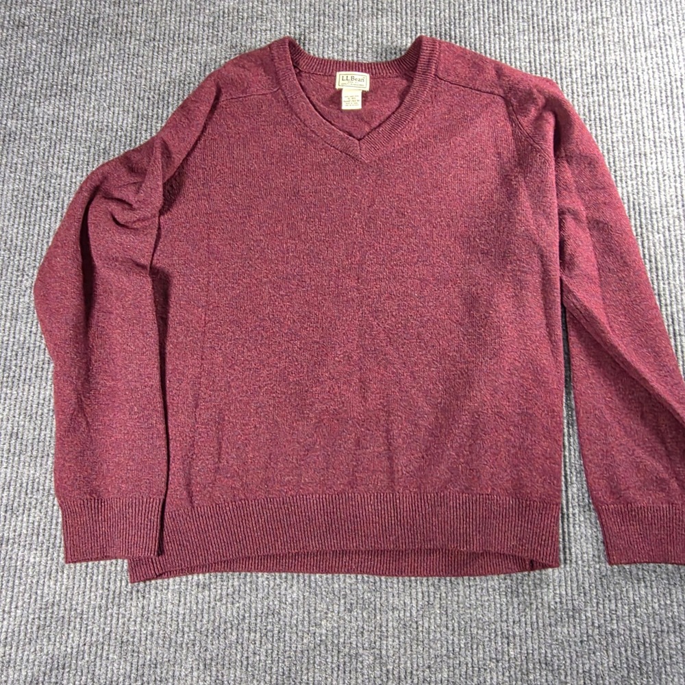 LL‎ Bean Mens V-Neck Sweater XL Burgundy Lambswool Pullover 264789 Heathered Red